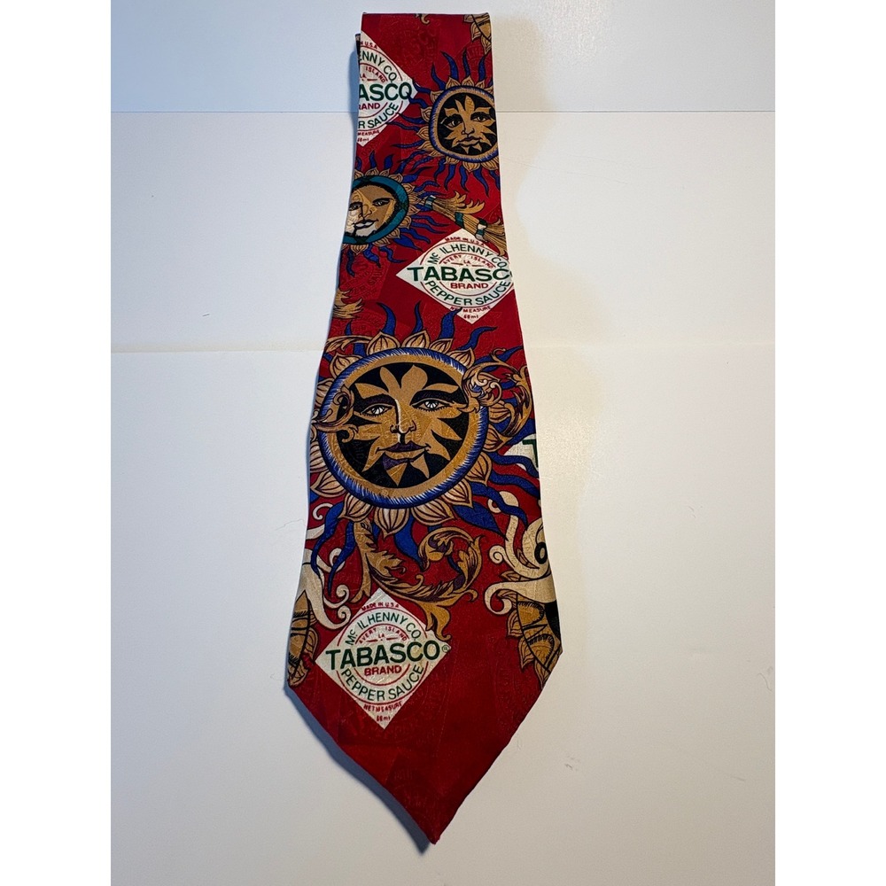 Tabasco McIlhenny Co Silk Tie Red Sun Face Celestial Graphic Print Mens Necktie